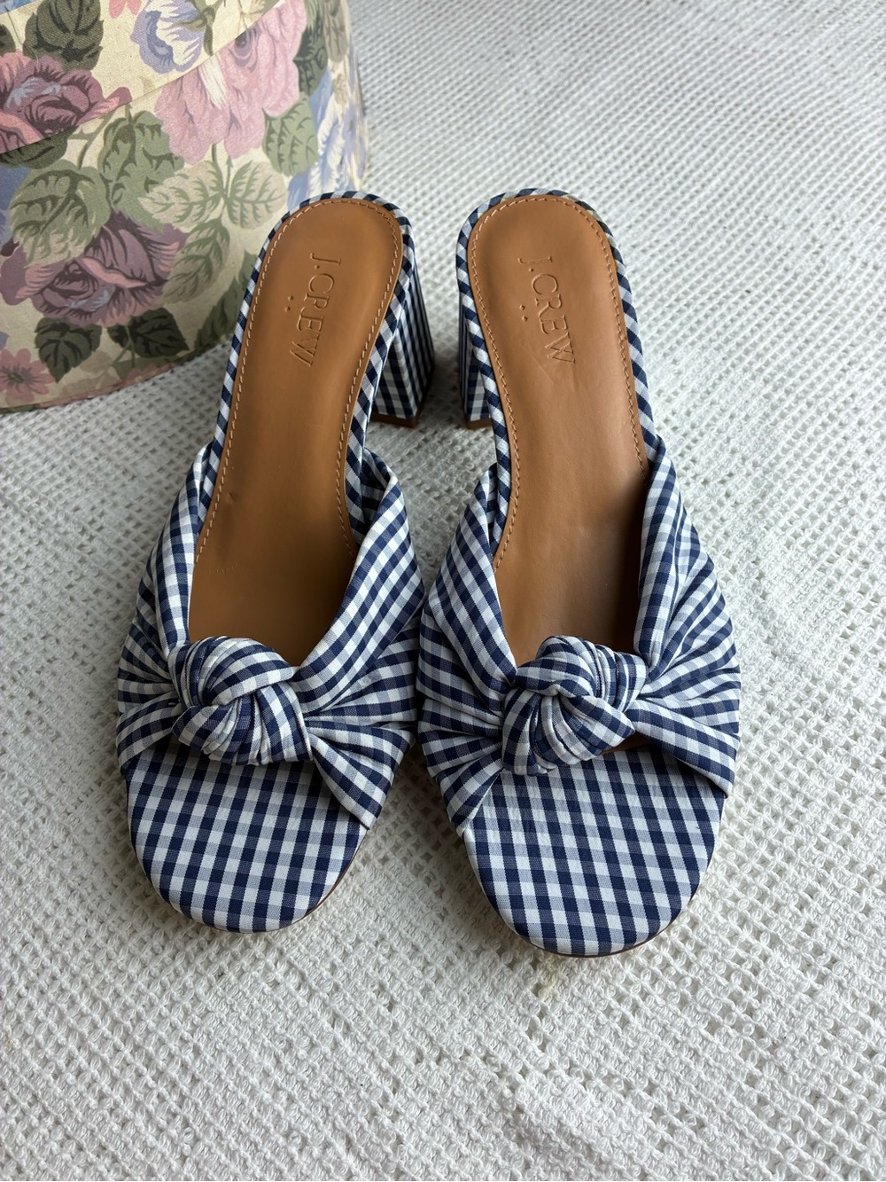 J. Crew Navy and White Gingham Knot Mules